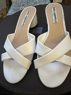Karl Lagerfeld White Crisscross Low Block Heel Mules